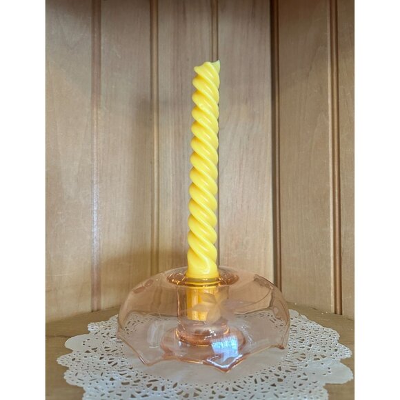 Vintage Pink Depression Elegant Glass Candle Holder Etched Floral Design - Picture 7 of 7